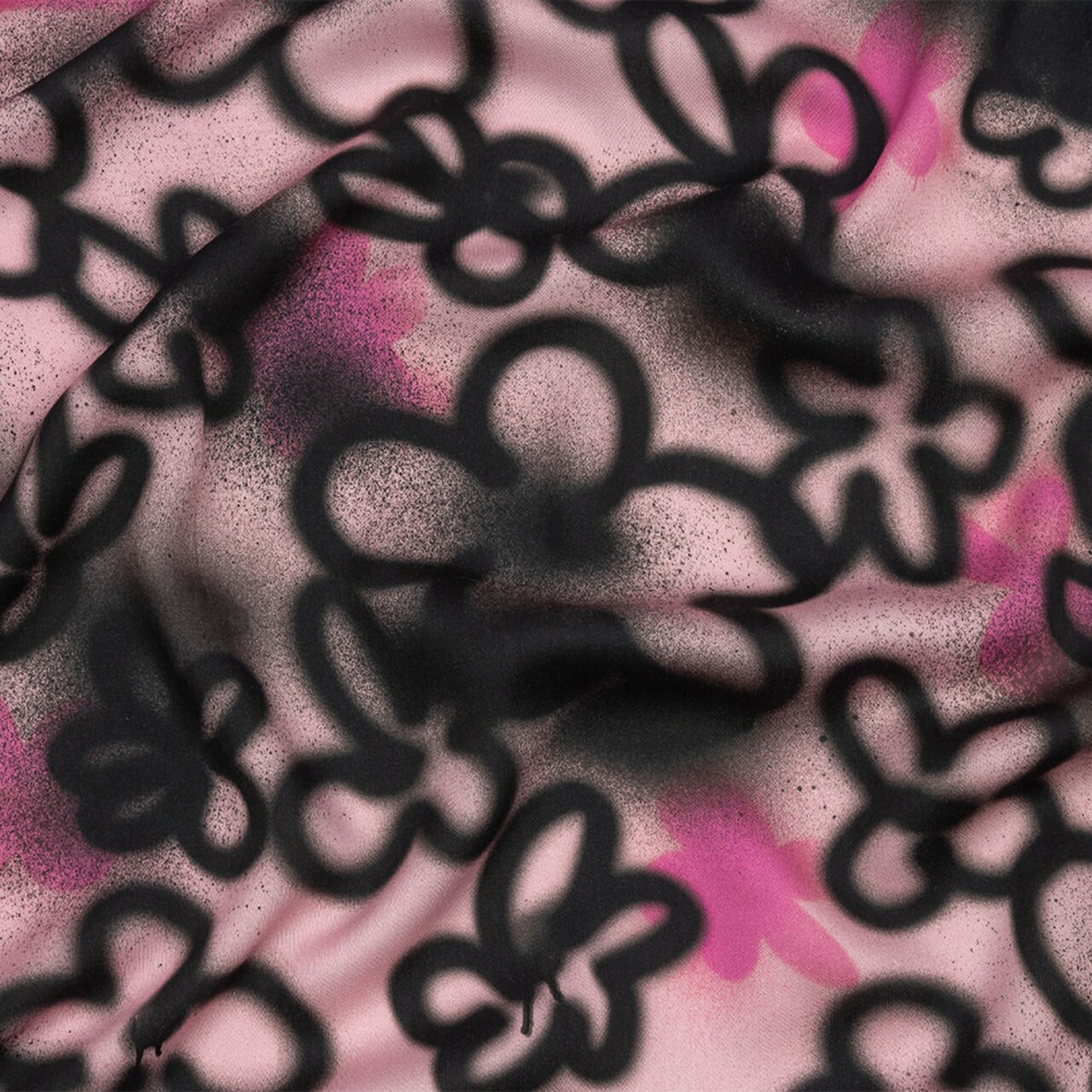 1 Yard Street Sketch Rayon Challis Pink and Black Spraypaint Floral